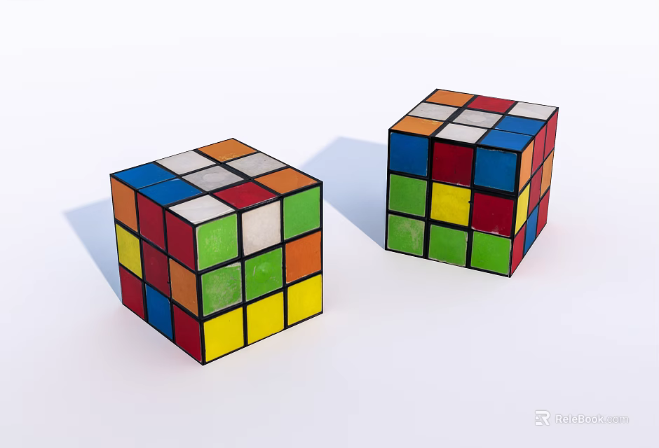 Two Vintage Colorful Rubiks Cubes With Multicolored Squares On White Background 3d model 