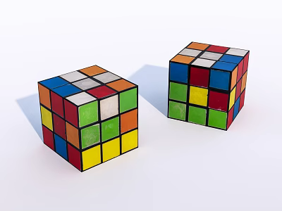 Two Vintage Colorful Rubiks Cubes With Multicolored Squares On White Background 3d model