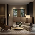Warm Modern Hotel Public Lounge With Sofa Armchair Round Coffee Table And Wall Lamps