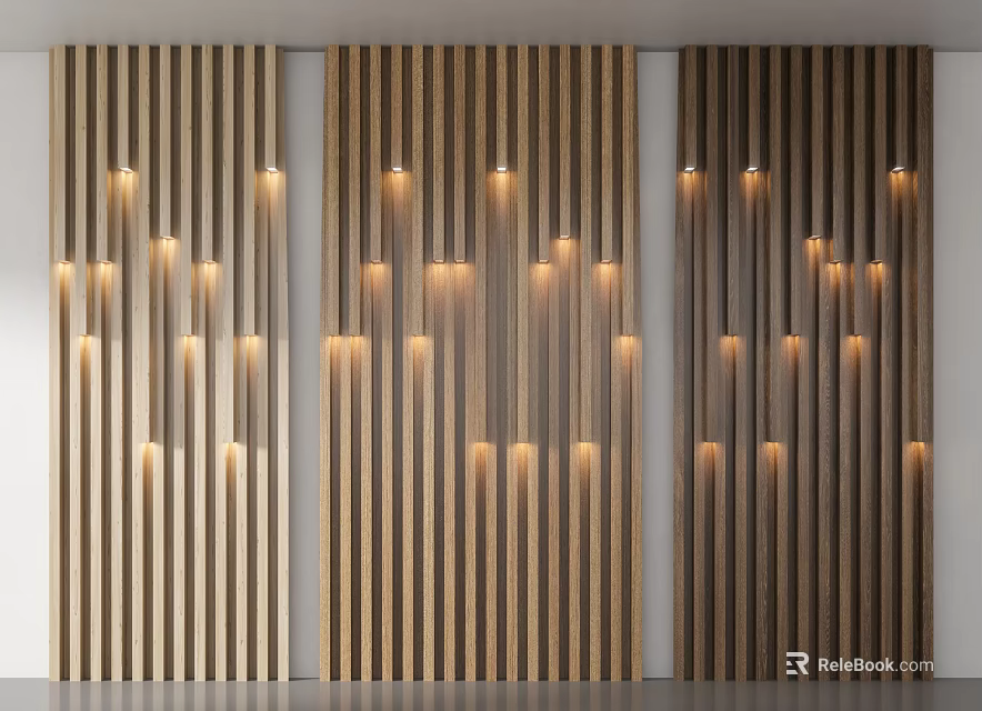 Modern Three Tone Wooden Bedroom Accent Wall With Vertical Slats And Warm Lighting 3d model 