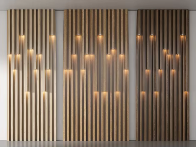 Modern Three Tone Wooden Bedroom Accent Wall With Vertical Slats And Warm Lighting 3d model