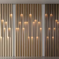 Modern Three Tone Wooden Bedroom Accent Wall With Vertical Slats And Warm Lighting