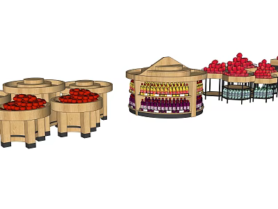 Wooden Circular Display Shelves For Fruits And Bottled Goods In Retail Store 3d model