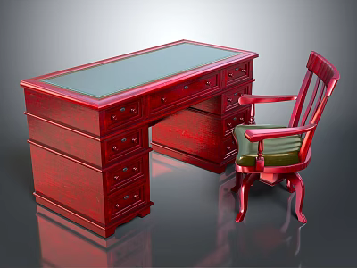 Red Solid Wooden Desk With Glass Top Multiple Drawers And Matching Chair Green Cushion 3d model
