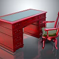 Red Solid Wooden Desk With Glass Top Multiple Drawers And Matching Chair Green Cushion
