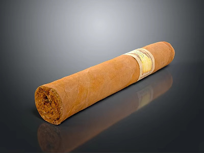 Premium Brown Cigar With Gold Label On Black Reflective Surface 3d model