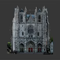 Cartoon Scene Of Gothic Church With Spires Arched Windows Small Tree And Model Base