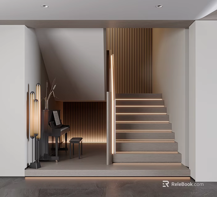 Modern Wooden Stairs Interior Design With Lighting Strip And Steps Railing 3d model 