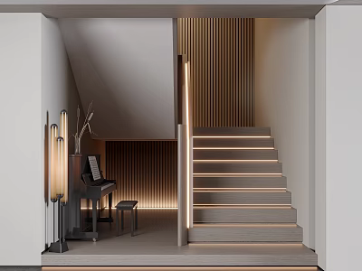 Modern Wooden Stairs Interior Design With Lighting Strip And Steps Railing 3d model
