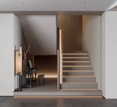 Modern Wooden Stairs Interior Design With Lighting Strip And Steps Railing 3d model