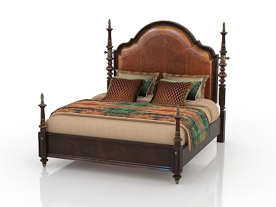 Traditional Double Bed with Leather Upholstered Headboard and Carved Wooden Posts Featuring Colorful Pillows 3d model