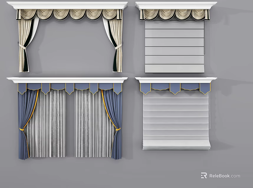 Decorative Curtain Designs With Valance Blue Gold Fabric And Blinds For Home 3d model 