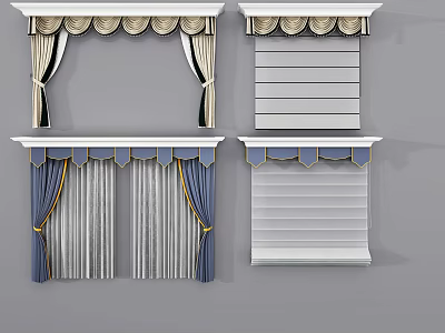 Decorative Curtain Designs With Valance Blue Gold Fabric And Blinds For Home 3d model