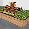 Wooden Display Shelf with Various Fresh Fruits Arranged and Screen Showing Fruit