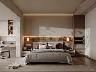 Modern Bedroom Interior Design With Comfortable Bed Headboard And Nightstand Lamps Natural Light 3d model