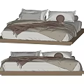 Modern Minimalist Double Bed With White Sheets Pillows Brown Beige Blankets And Wooden Frame