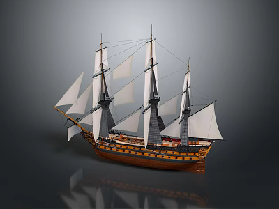 Classic Sailing Ship As Water Transport With Multiple Masts White Sails And Wooden Hull 3d model