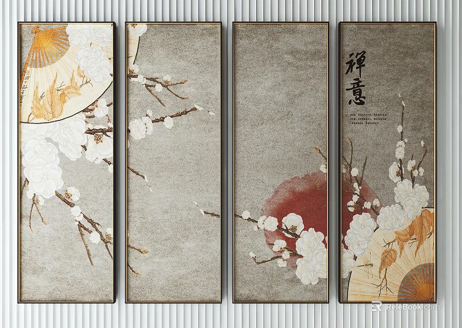 Zen Style Botanical Paintings Featuring Plum Blossoms And Fan Elements On Scrolls 3d model