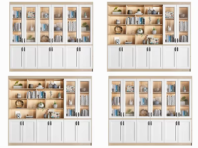 Modern Bookcase Design With Glass Doors Multiple Shelves Books And Decorative Items 3d model