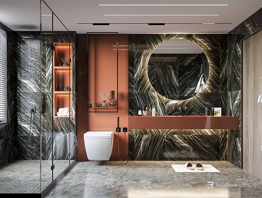 Modern Bathroom Interior With Glass Shower Orange Walls Black Marble And Round Mirror 3d model 