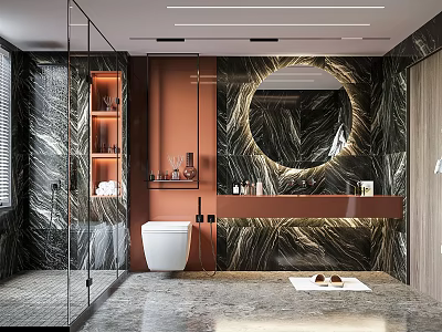 Modern Bathroom Interior With Glass Shower Orange Walls Black Marble And Round Mirror 3d model