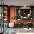 Modern Bathroom Interior With Glass Shower Orange Walls Black Marble And Round Mirror