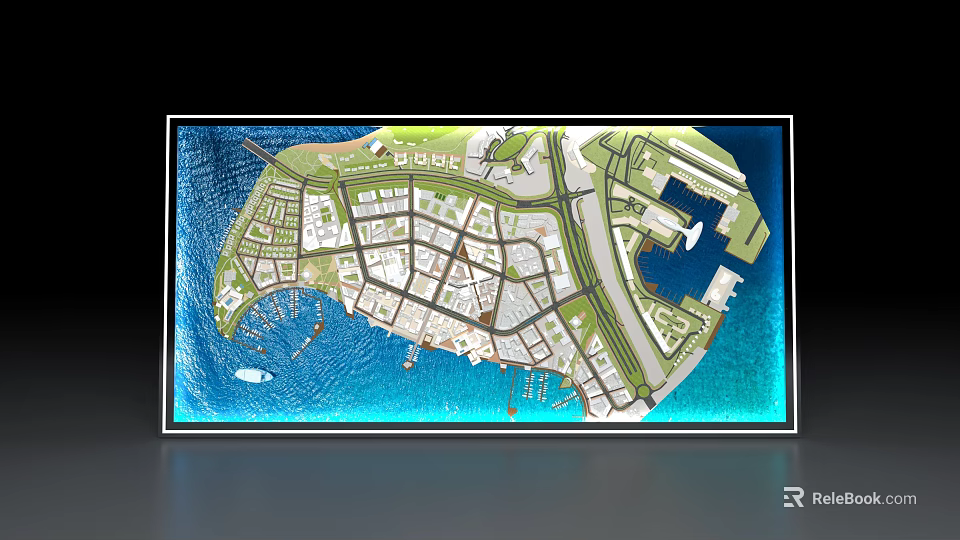 Commercial Equipment 3D Planning Model Display for Business District Layout with Waterfront and Roads 3d model 