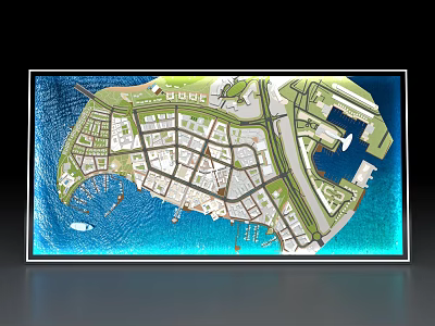 Commercial Equipment 3D Planning Model Display for Business District Layout with Waterfront and Roads 3d model