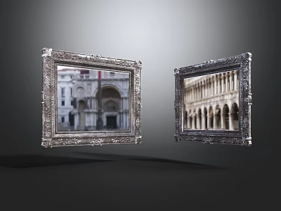 Decorative Mirrors with Ornate Frames Reflecting Classical Architectural Scenes in Dark Background 3d model