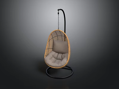 Woven Rattan Single Chair With Oval Shape Gray Cushion And Black Metal Stand 3d model