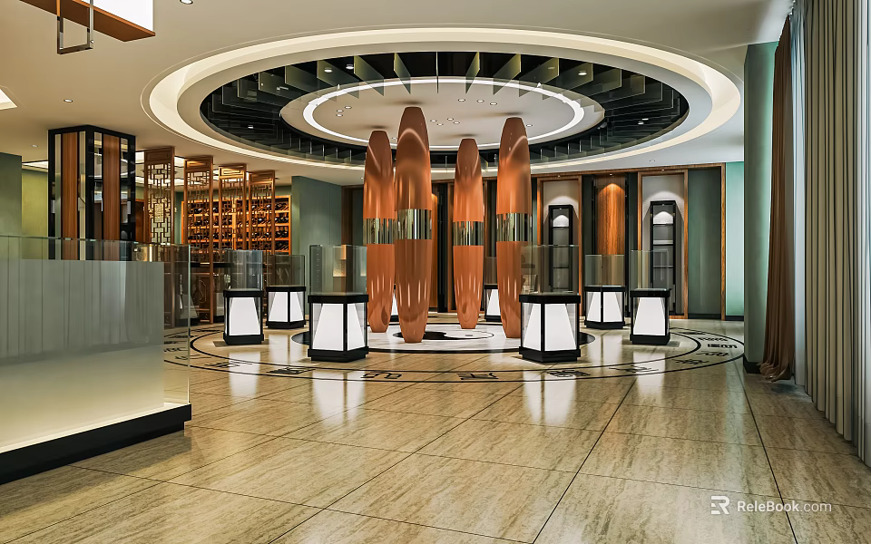 Elegant Jewelry Store Interior With Display Counters Decorative Pillars And Warm Lighting 3d model 