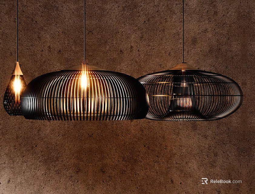 Modern Pendant Lights With Black Wire Frame Round Shape And Warm Glow For Home Interior 3d model 