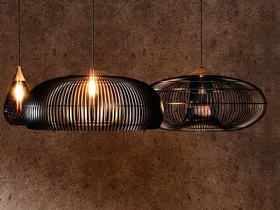 Modern Pendant Lights With Black Wire Frame Round Shape And Warm Glow For Home Interior 3d model