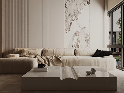 Modern Beige Three Seater Sofa with Blanket Cushions Coffee Table Wall Art and Large Window 3d model