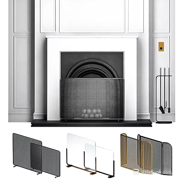 Fireplace Wall Decor With Various Screens And Tools 3d model