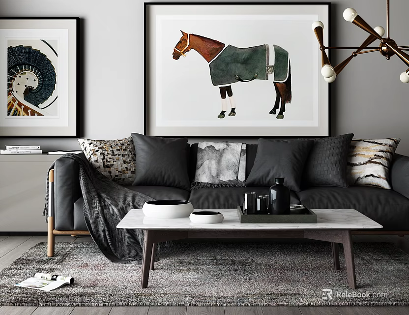 Elegant Modern Living Room Interior With Sofa Pillows Wall Paintings Wooden Coffee Table And Rug 3d model 
