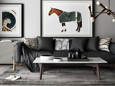 Elegant Modern Living Room Interior With Sofa Pillows Wall Paintings Wooden Coffee Table And Rug 3d model