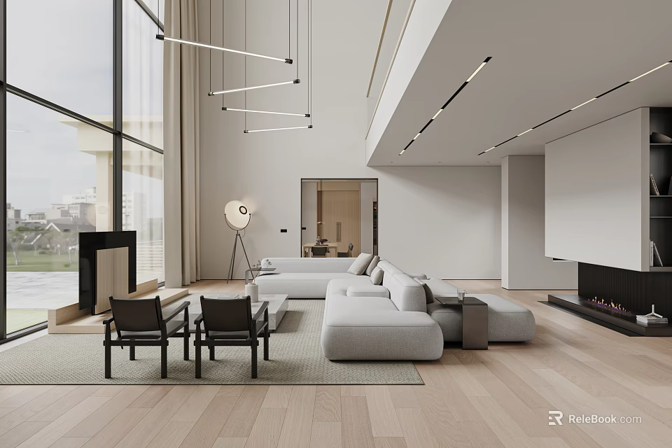 Modern Open Living Dining Area Design With Pendant Lights Sofa Fireplace and Wooden Floors 3d model 