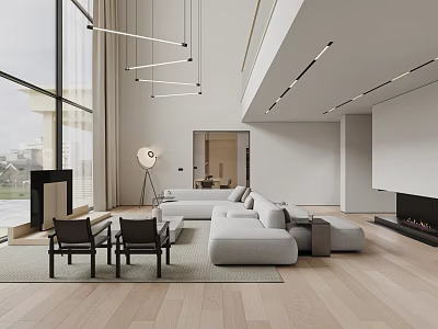 Modern Open Living Dining Area Design With Pendant Lights Sofa Fireplace and Wooden Floors 3d model
