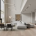 Modern Open Living Dining Area Design With Pendant Lights Sofa Fireplace and Wooden Floors