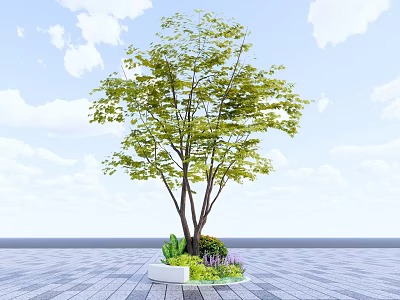 Green Leafy Tree with Trunks in White Planter and Purple Flowers Under Blue Sky 3d model