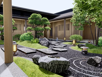 Karesansui Dry Landscape Garden With Raked Gravel Large Stones And Stone Lanterns 3d model