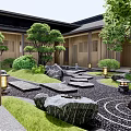 Karesansui Dry Landscape Garden With Raked Gravel Large Stones And Stone Lanterns