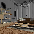 Two Seater Brown Sofa in Living Room with Throw Pillows Wooden Bookshelf and Coffee Table