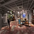Modern Industrial Style Restaurant Interior Featuring Chandelier Lighting Marble Floor Decorative Painting And Colorful Dining Chairs