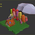 Colorful 3D Cartoon Scene With Mini House Ice Cream Pops And White Umbrella