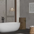 Serene Bathroom Interior With White Bathtub Wicker Basket Wooden Blinds Wall Art And Soft Lighting