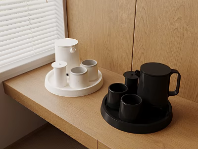 Black And White Daily Use Appliance Sets On Wooden Countertop 3d model
