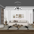 Stylish Living Room Interior With Neutral Sofa Geometric Rug Round Coffee Table And Wall Art
