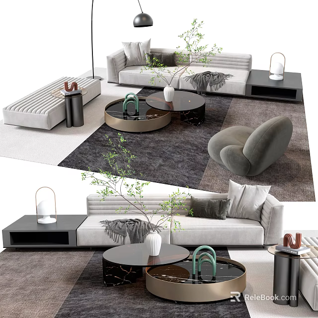 Modern Sofa Coffee Table Set With Decorative Plants Pillows and Rug 3d model